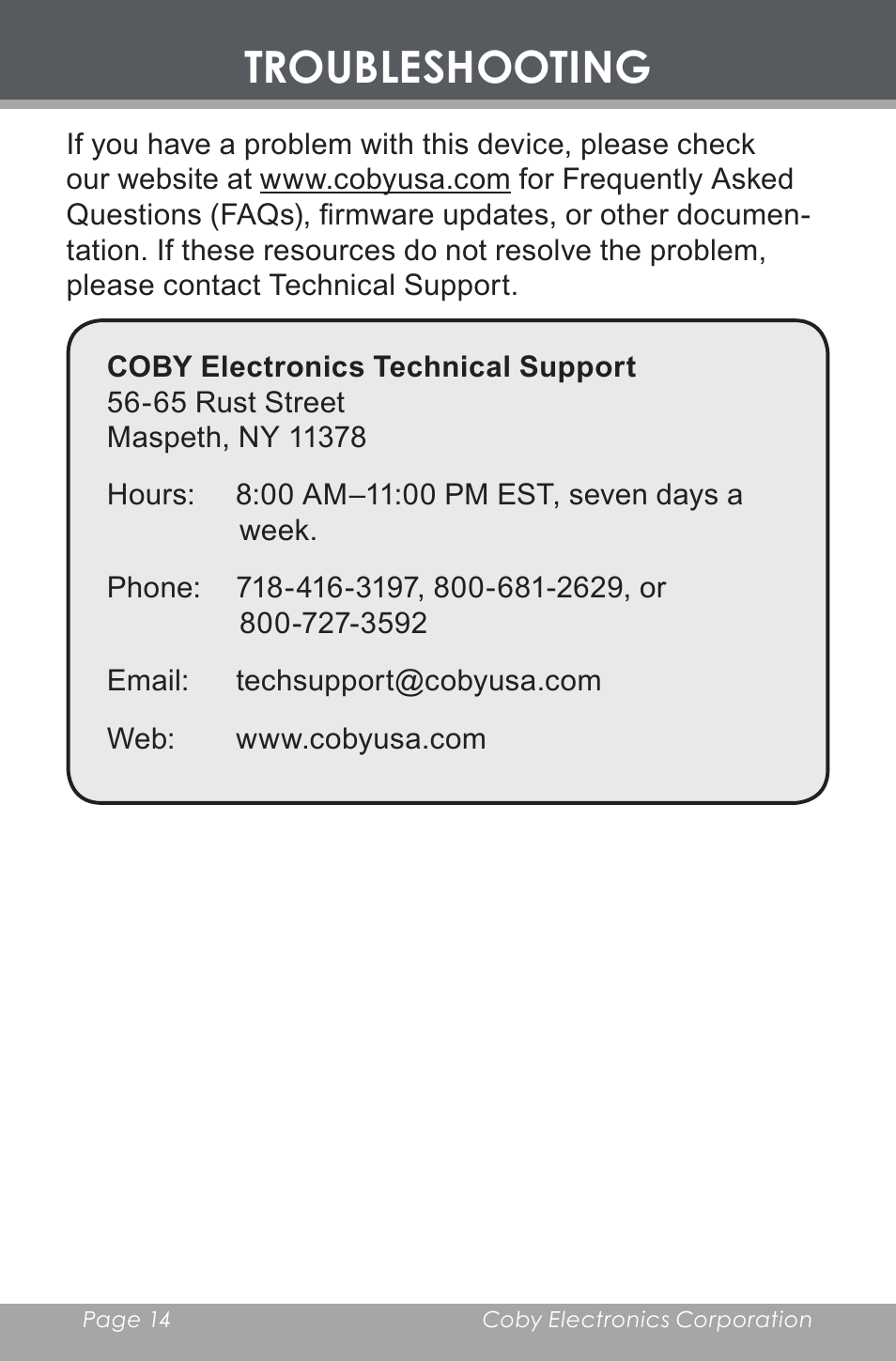 Troubleshooting | COBY BP-420 User Manual | Page 14 / 16