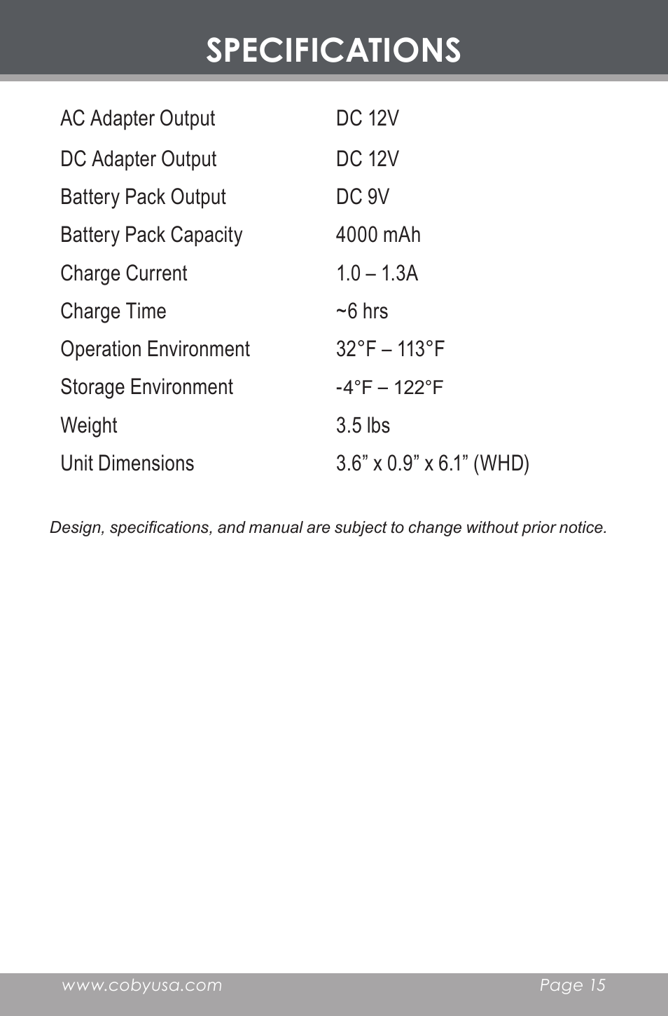 Specifications | COBY BP-420 User Manual | Page 15 / 16