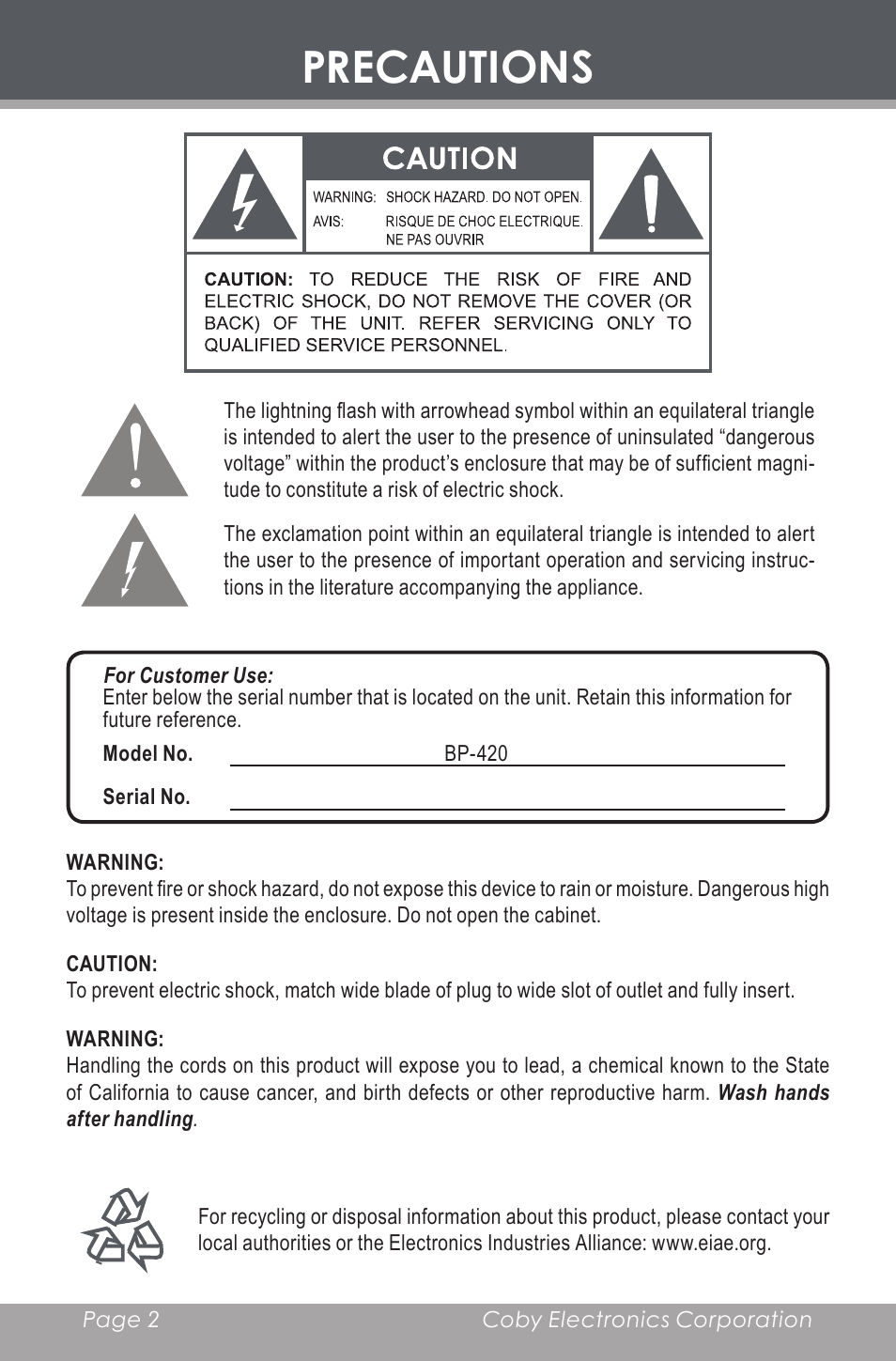 Precautions | COBY BP-420 User Manual | Page 2 / 16