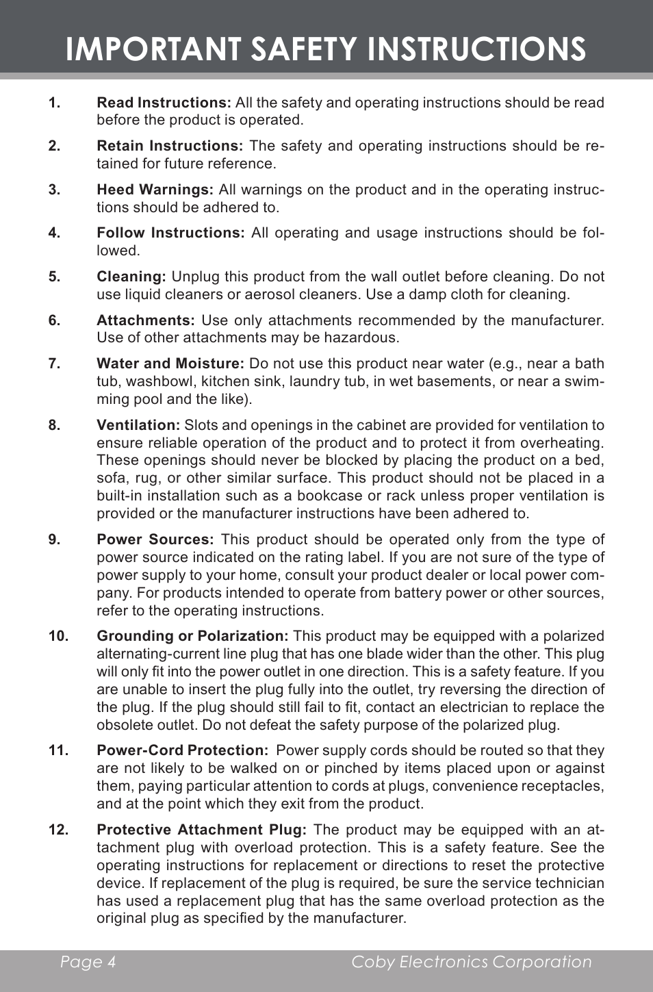Important safety instructions | COBY BP-420 User Manual | Page 4 / 16