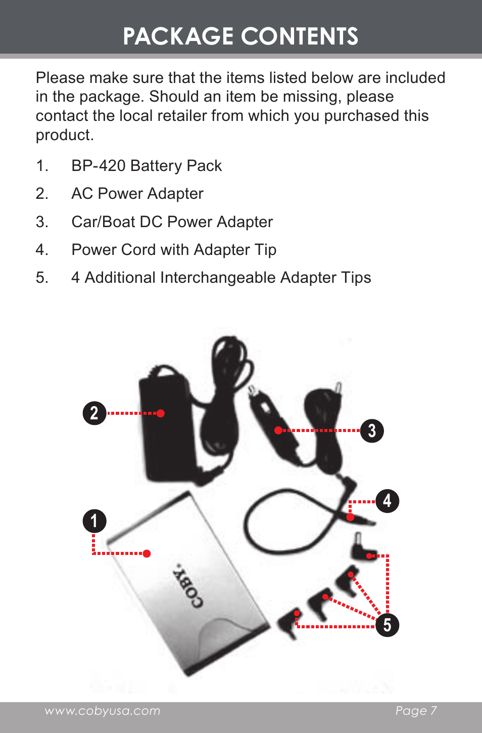 Package contents | COBY BP-420 User Manual | Page 7 / 16