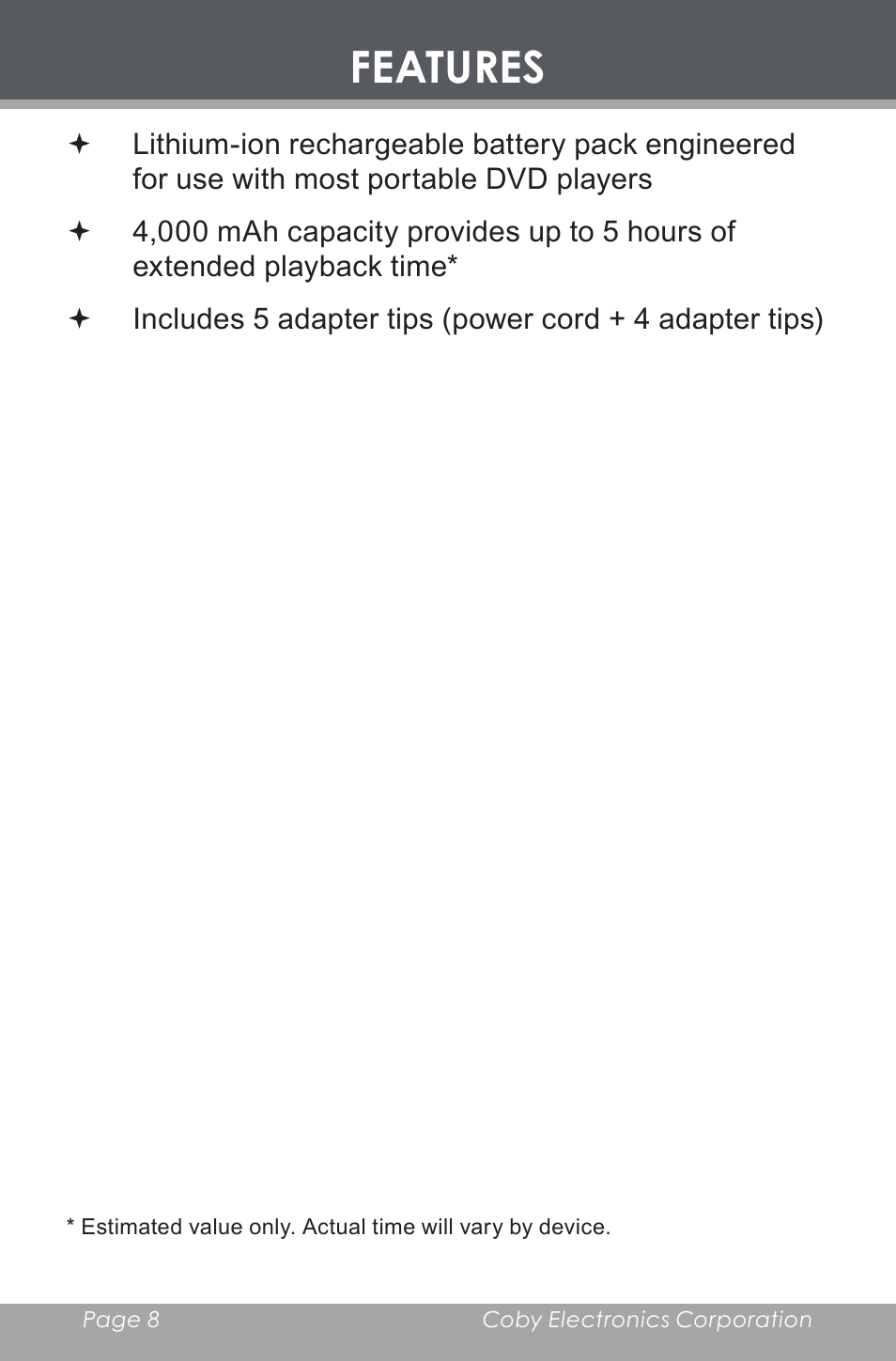 Features | COBY BP-420 User Manual | Page 8 / 16