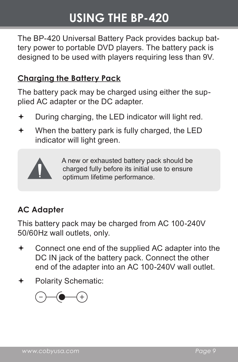 Using the bp-420, Charging the battery pack, Ac adapter | COBY BP-420 User Manual | Page 9 / 16