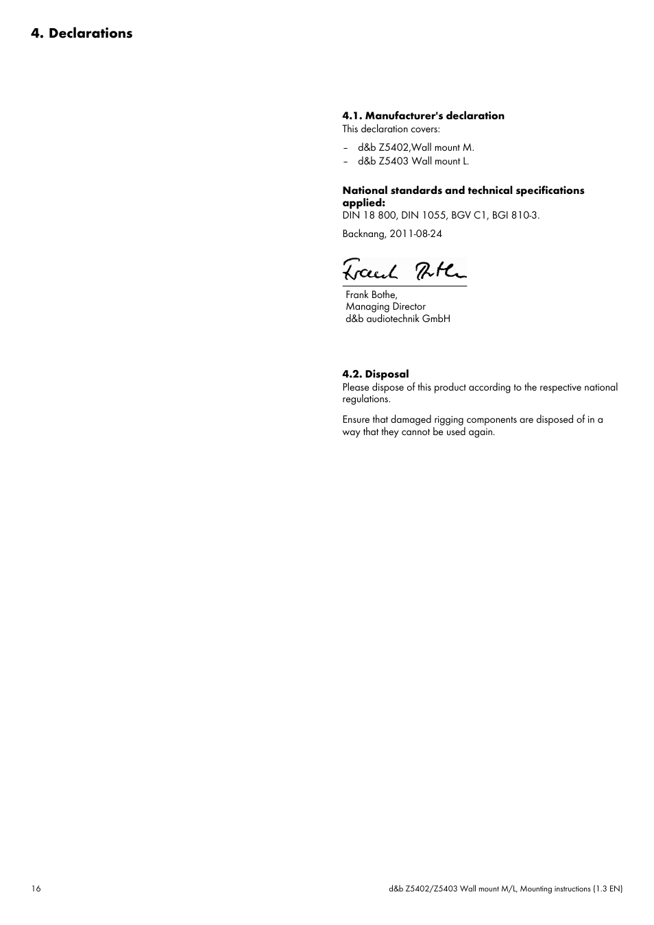 Declarations, Manufacturer's declaration, Disposal | d&b Z5402 Wall mount User Manual | Page 16 / 17