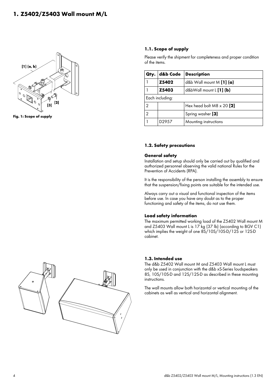 Z5402/z5403 wall mount m/l, Scope of supply, Safety precautions | Intended use | d&b Z5402 Wall mount User Manual | Page 4 / 17