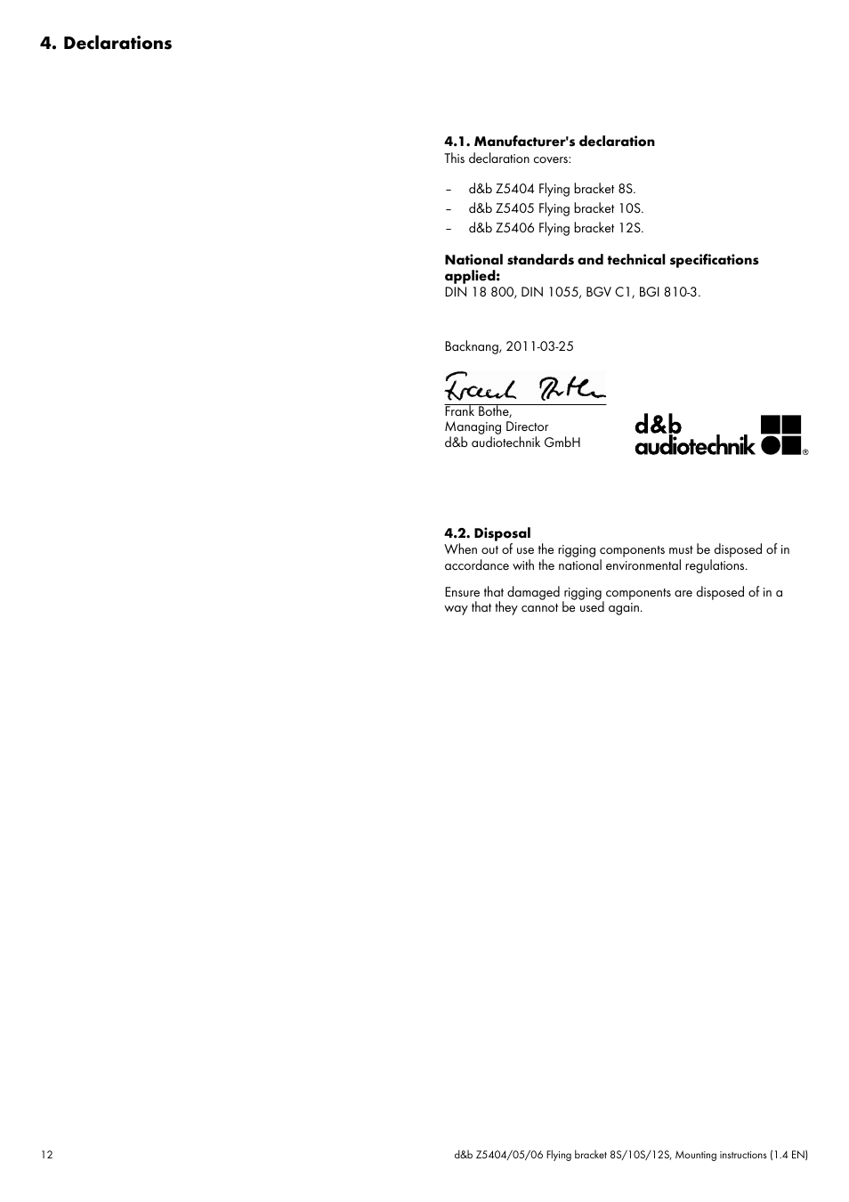 Declarations, Manufacturer's declaration, Disposal | d&b Z5404 Flying bracket User Manual | Page 12 / 13