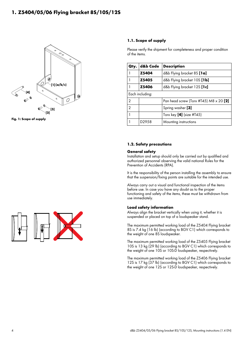Z5404/05/06 flying bracket 8s/10s/12s, Scope of supply, Safety precautions | d&b Z5404 Flying bracket User Manual | Page 4 / 13