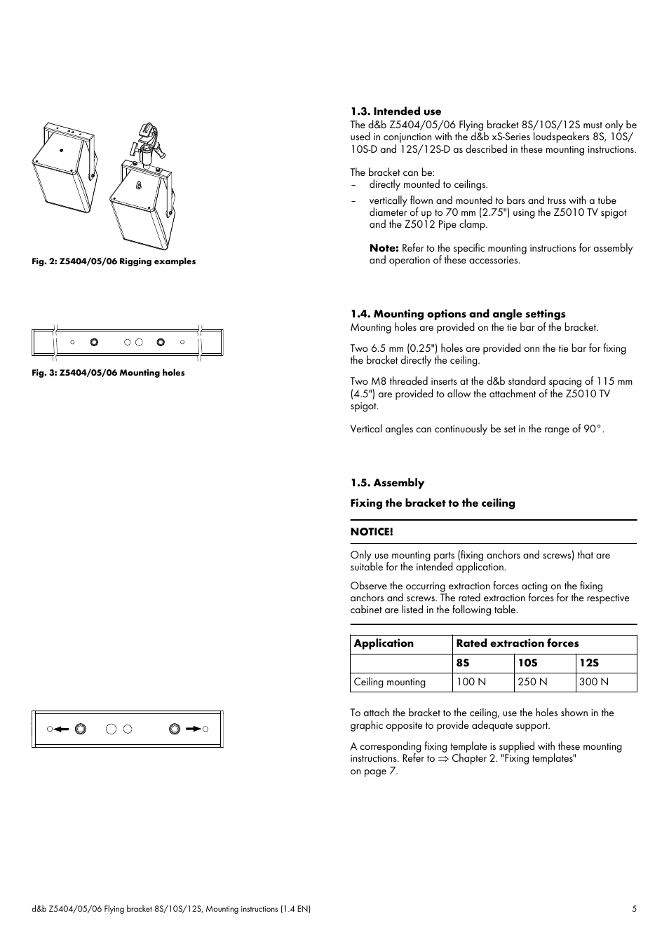 Intended use, Mounting options and angle settings, Assembly | d&b Z5404 Flying bracket User Manual | Page 5 / 13