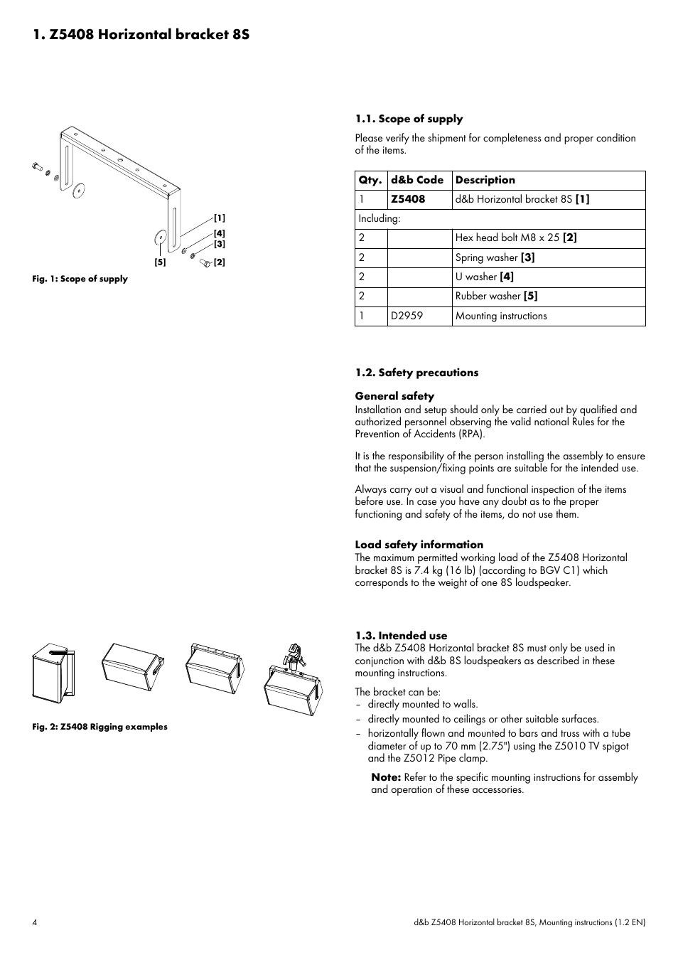 Z5408 horizontal bracket 8s, Scope of supply, Safety precautions | Intended use | d&b Z5408 Horizontal bracket 8S User Manual | Page 4 / 10