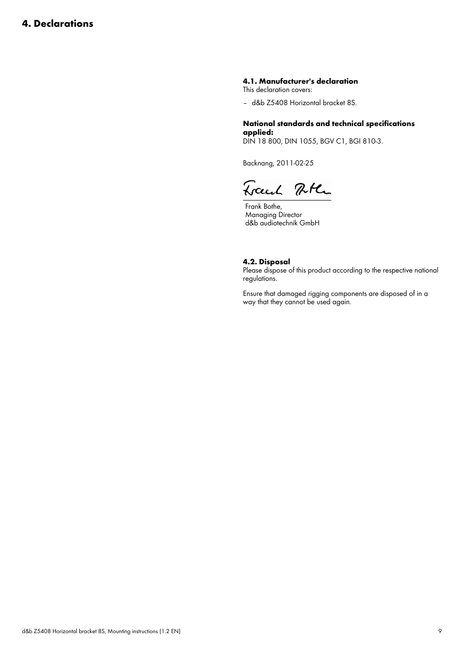 Declarations, Manufacturer's declaration, Disposal | d&b Z5408 Horizontal bracket 8S User Manual | Page 9 / 10