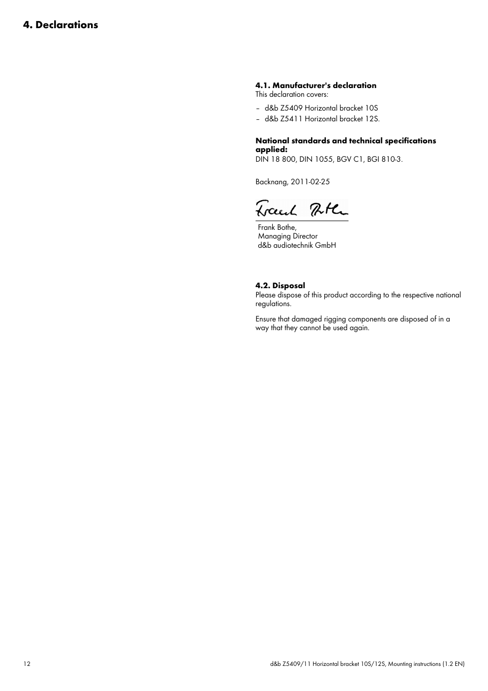 Declarations, Manufacturer's declaration, Disposal | d&b Z5409 Horizontal bracket 10S 12S User Manual | Page 12 / 13