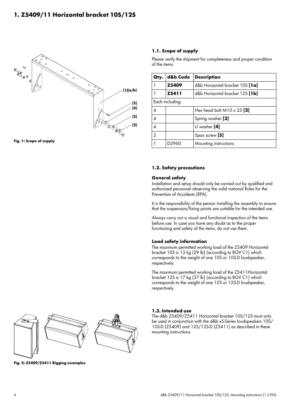 Z5409/11 horizontal bracket 10s/12s, Scope of supply, Safety precautions | Intended use | d&b Z5409 Horizontal bracket 10S 12S User Manual | Page 4 / 13