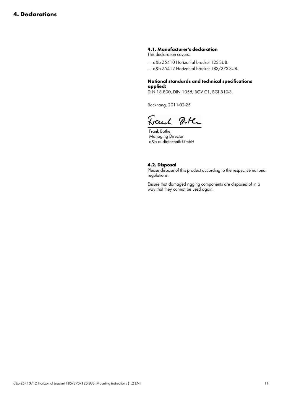 Declarations, Manufacturer's declaration, Disposal | d&b Z5410 Hor. bracket 12 18 27S-SUB User Manual | Page 11 / 12