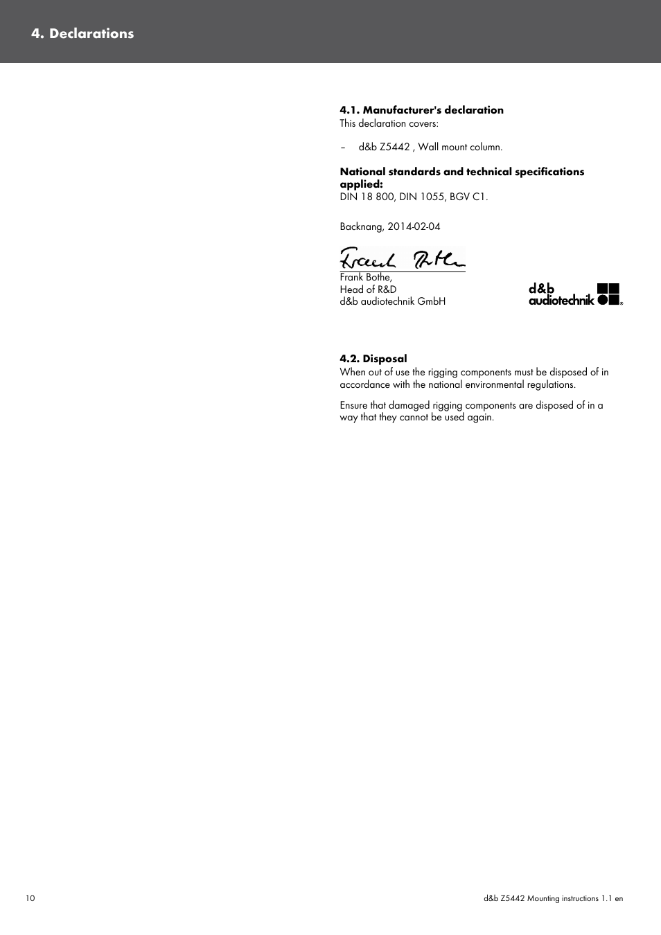 Declarations, Manufacturer's declaration, Disposal | d&b Z5442 User Manual | Page 10 / 11