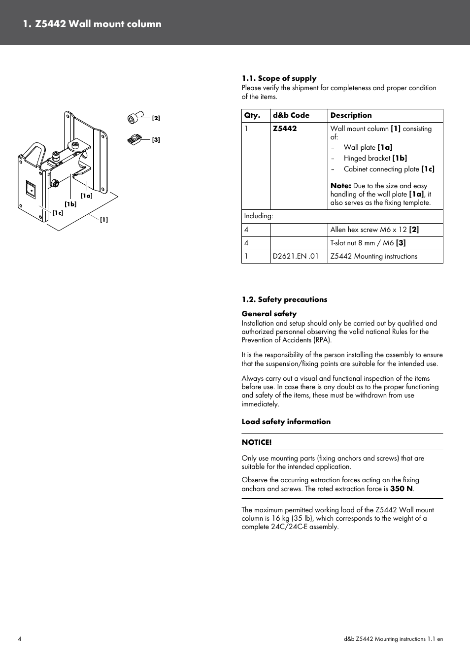 Z5442 wall mount column, Scope of supply, Safety precautions | d&b Z5442 User Manual | Page 4 / 11