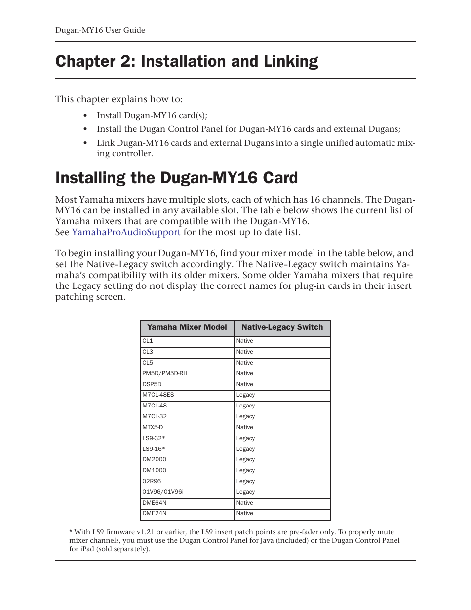Chapter 2: installation and linking, Installing the dugan-my16 card, Chapter 2 | Installation and linking | Dan Dugan Sound Design Dugan-MY16 User Manual | Page 13 / 44