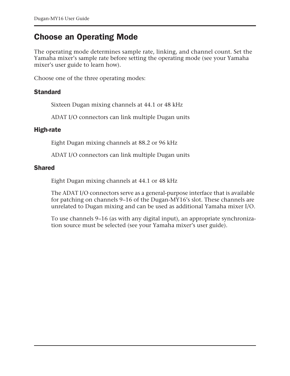 Choose an operating mode, Standard, High-rate | Shared | Dan Dugan Sound Design Dugan-MY16 User Manual | Page 14 / 44