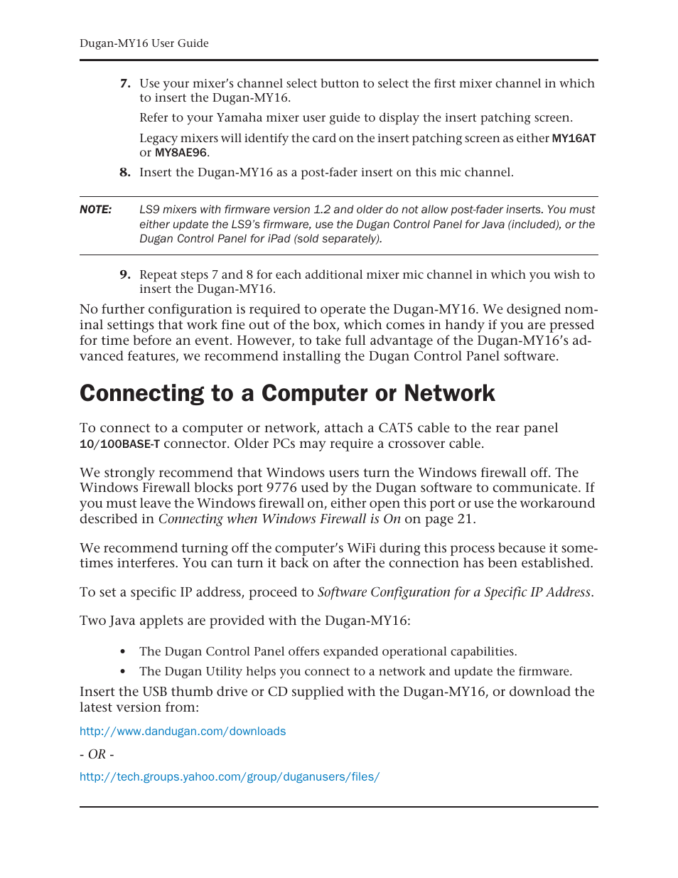 Connecting to a computer or network | Dan Dugan Sound Design Dugan-MY16 User Manual | Page 16 / 44