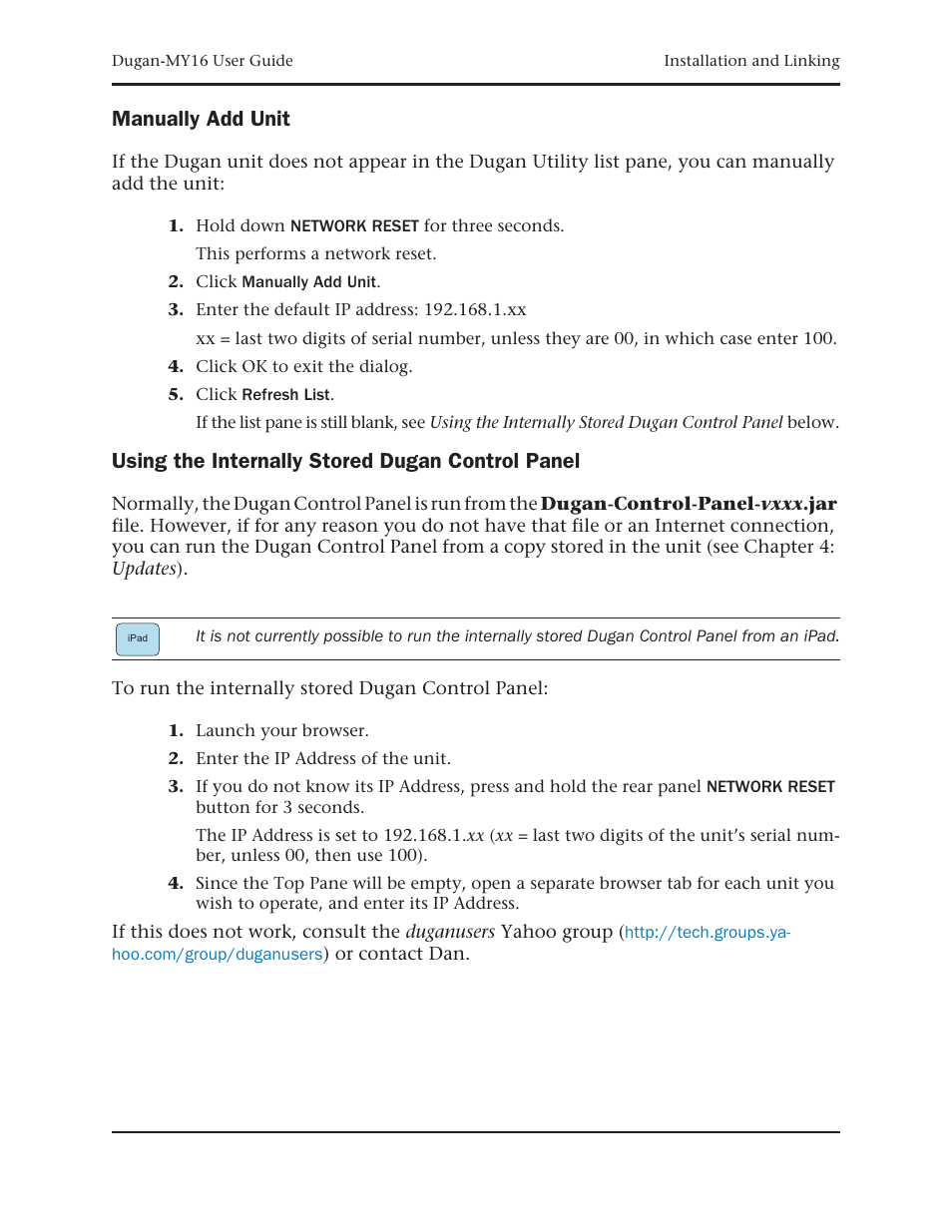 Manually add unit, Using the internally stored dugan control panel | Dan Dugan Sound Design Dugan-MY16 User Manual | Page 19 / 44