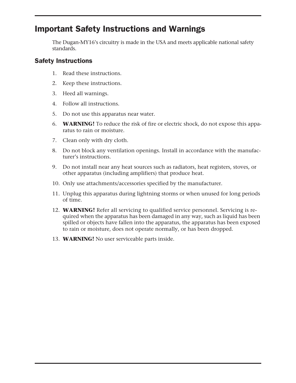 Important safety instructions and warnings | Dan Dugan Sound Design Dugan-MY16 User Manual | Page 2 / 44
