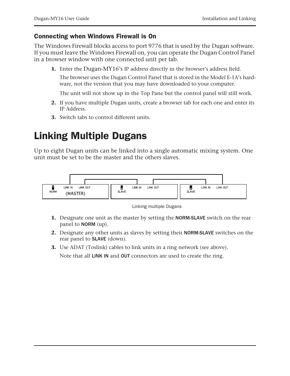 Connecting when windows firewall is on, Linking multiple dugans | Dan Dugan Sound Design Dugan-MY16 User Manual | Page 21 / 44