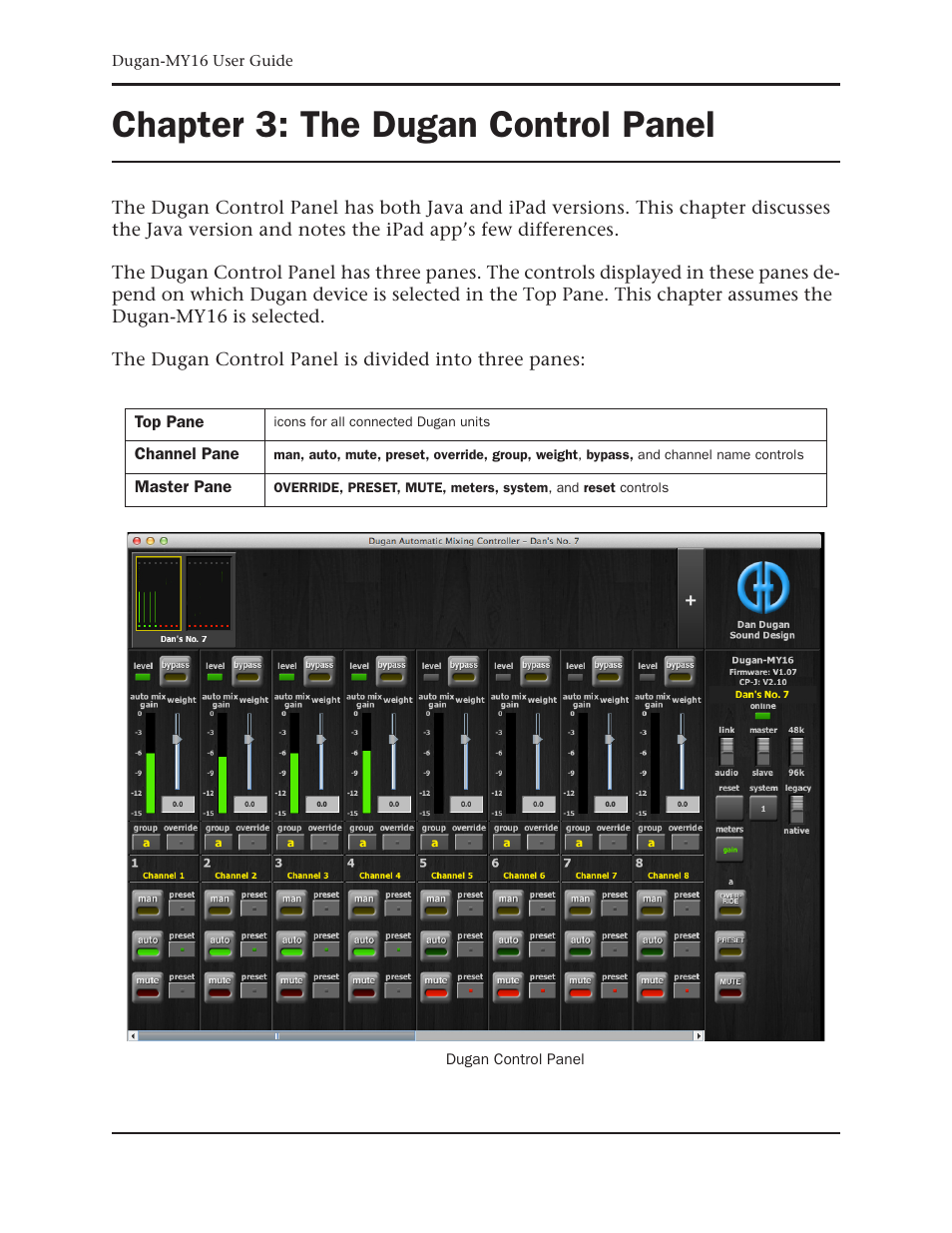 Chapter 3: the dugan control panel, Chapter 3, The dugan control panel | Dan Dugan Sound Design Dugan-MY16 User Manual | Page 23 / 44