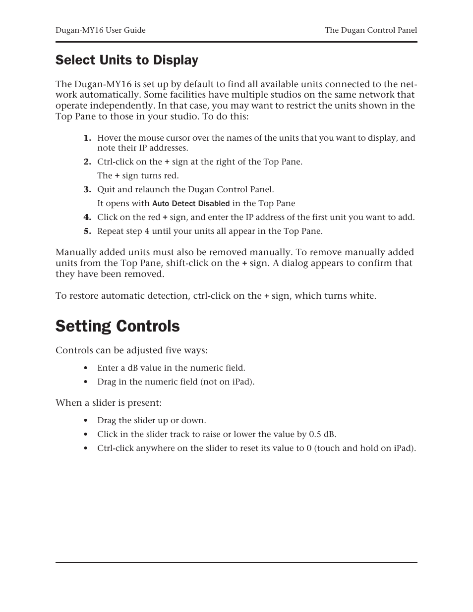 Select units to display, Setting controls | Dan Dugan Sound Design Dugan-MY16 User Manual | Page 25 / 44