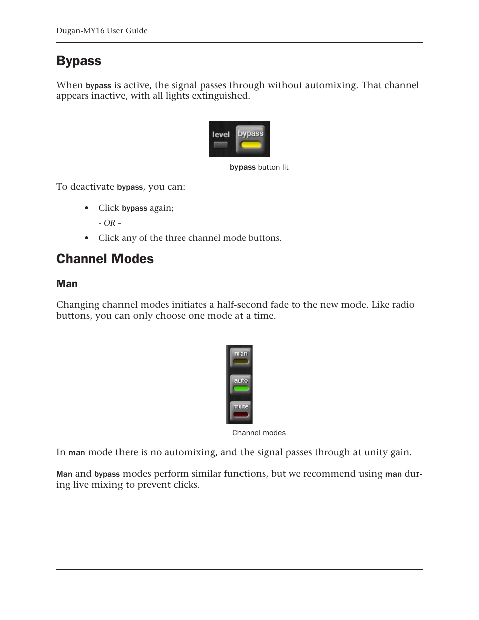 Bypass, Channel modes | Dan Dugan Sound Design Dugan-MY16 User Manual | Page 28 / 44