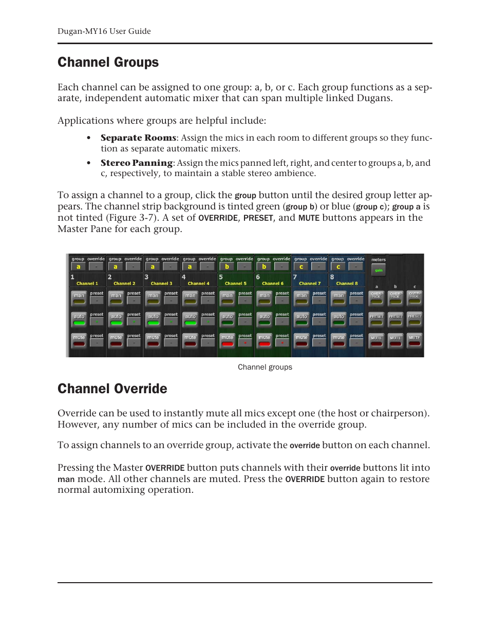 Channel groups, Channel override | Dan Dugan Sound Design Dugan-MY16 User Manual | Page 30 / 44