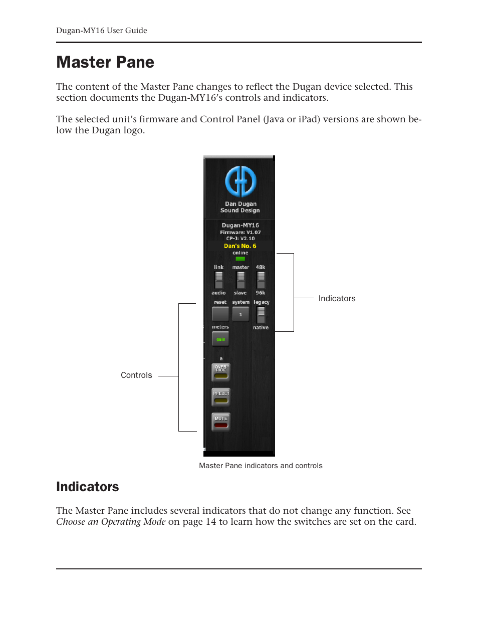 Master pane, Indicators | Dan Dugan Sound Design Dugan-MY16 User Manual | Page 34 / 44