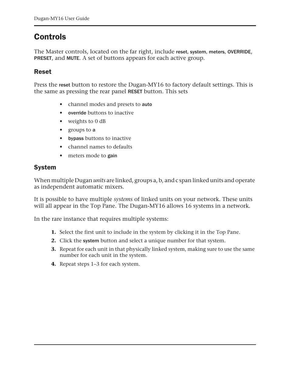 Controls, Reset, System | Dan Dugan Sound Design Dugan-MY16 User Manual | Page 36 / 44