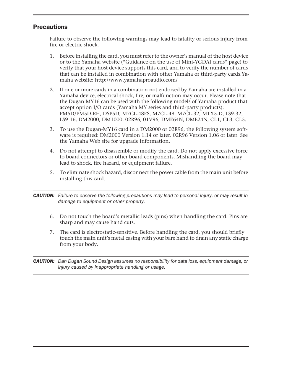 Precautions | Dan Dugan Sound Design Dugan-MY16 User Manual | Page 4 / 44