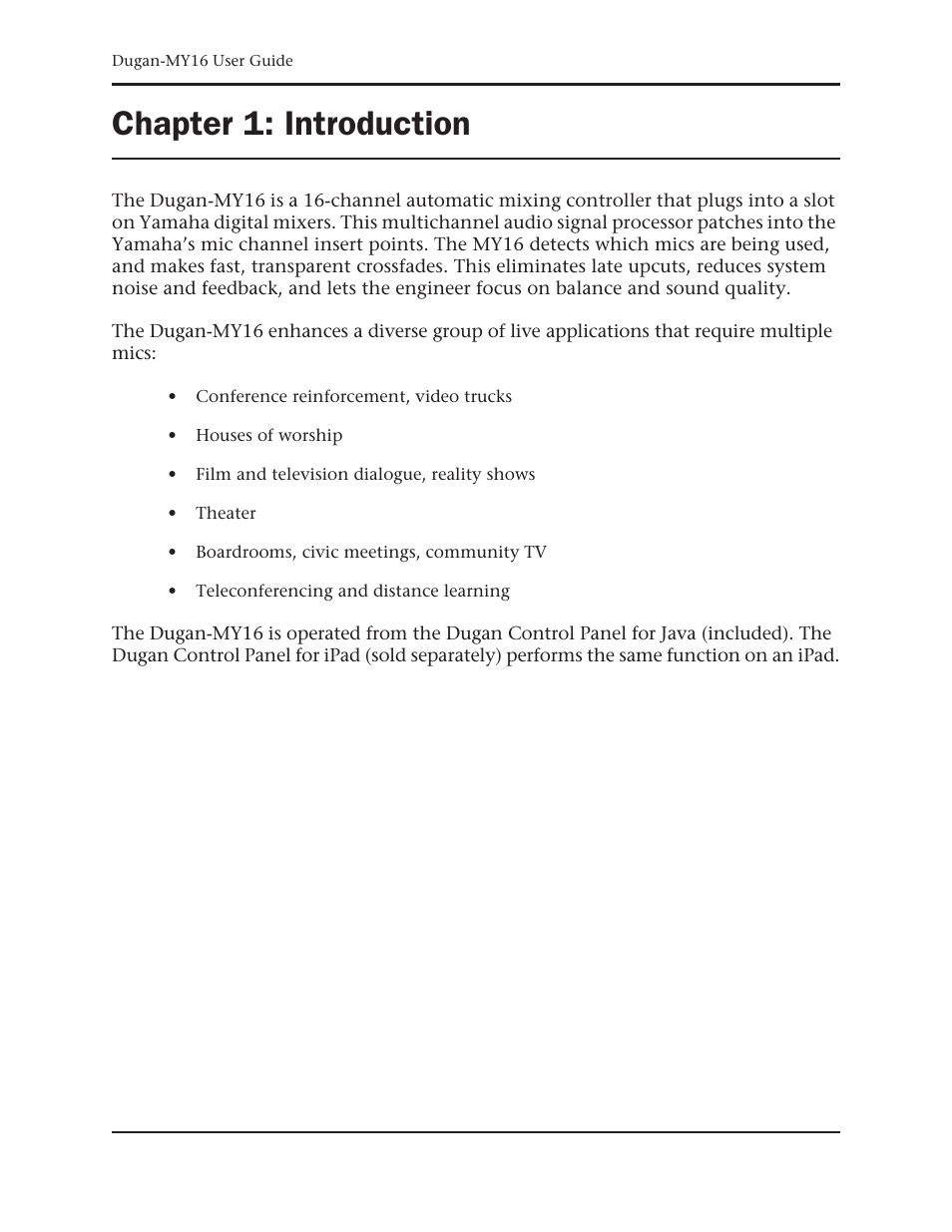 Chapter 1: introduction, Chapter 1, Introduction | Dan Dugan Sound Design Dugan-MY16 User Manual | Page 9 / 44