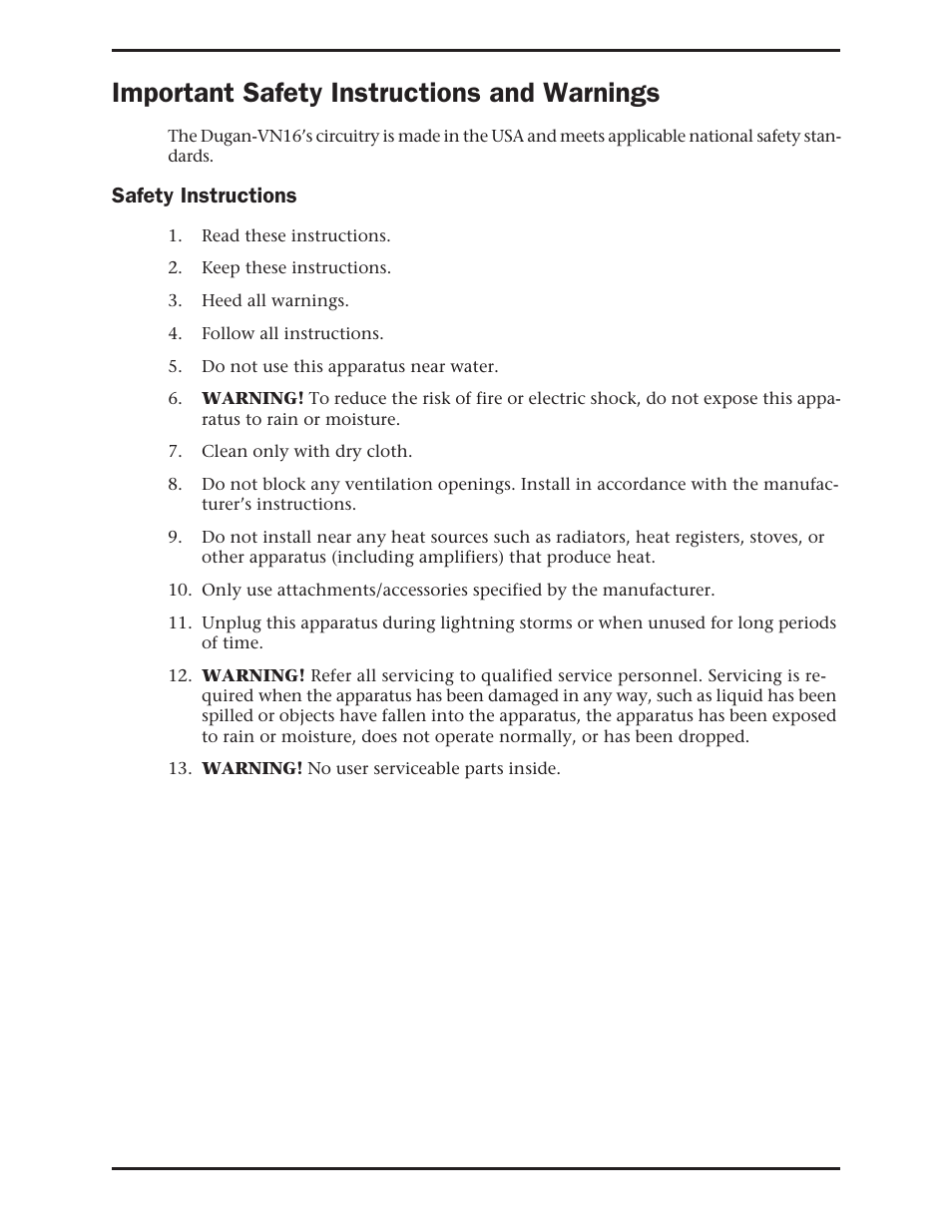 Important safety instructions and warnings | Dan Dugan Sound Design Dugan-VN16 User Manual | Page 2 / 64