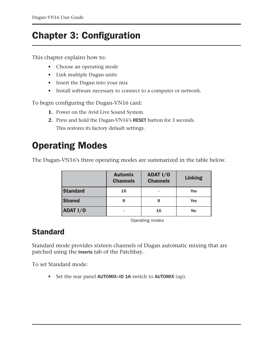 Chapter 3: configuration, Operating modes, Standard | Chapter 3, Configuration | Dan Dugan Sound Design Dugan-VN16 User Manual | Page 33 / 64