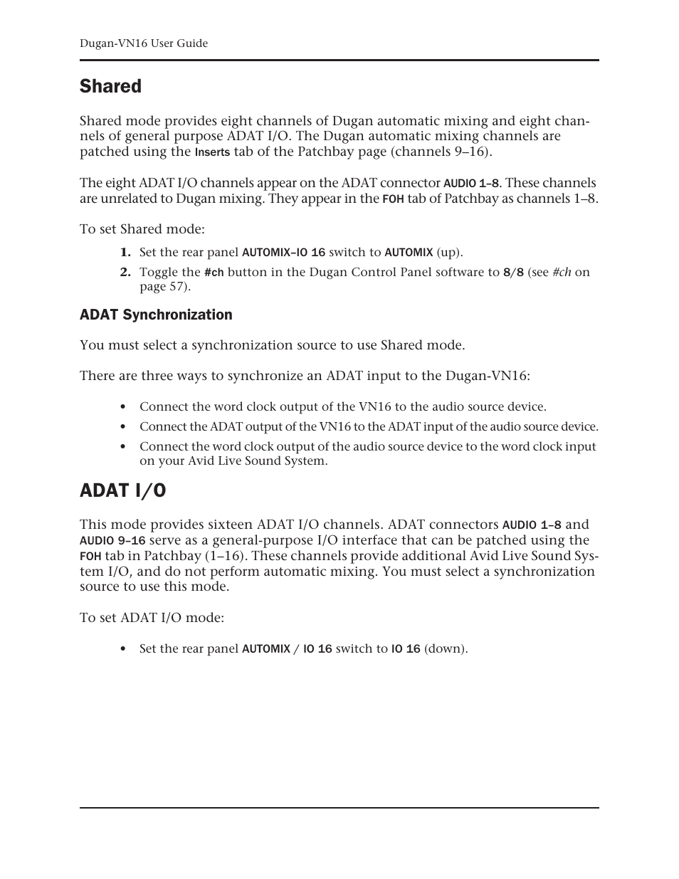 Shared, Adat synchronization, Adat i/o | Dan Dugan Sound Design Dugan-VN16 User Manual | Page 34 / 64