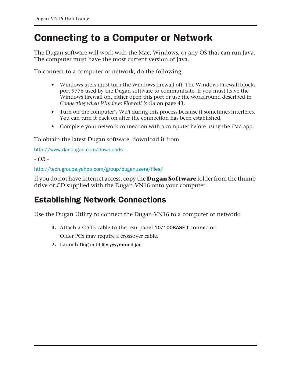 Connecting to a computer or network, Establishing network connections | Dan Dugan Sound Design Dugan-VN16 User Manual | Page 38 / 64