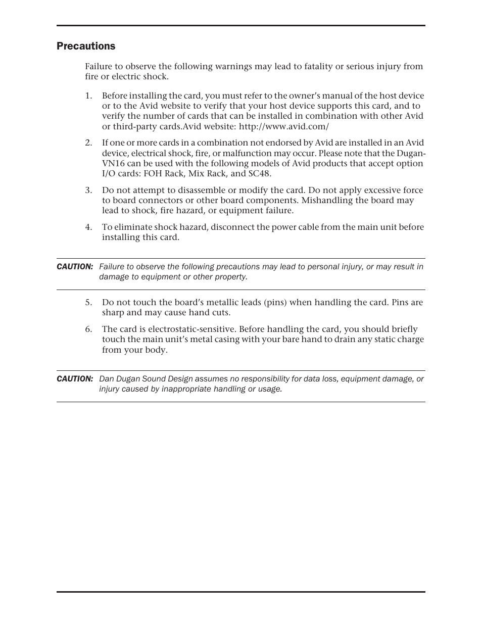 Precautions | Dan Dugan Sound Design Dugan-VN16 User Manual | Page 4 / 64