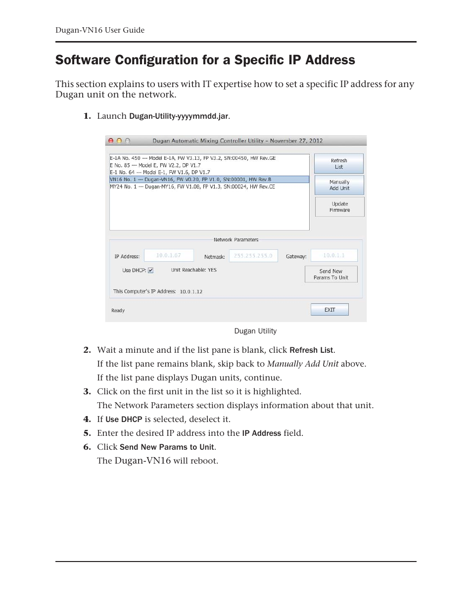 Software configuration for a specific ip address | Dan Dugan Sound Design Dugan-VN16 User Manual | Page 42 / 64