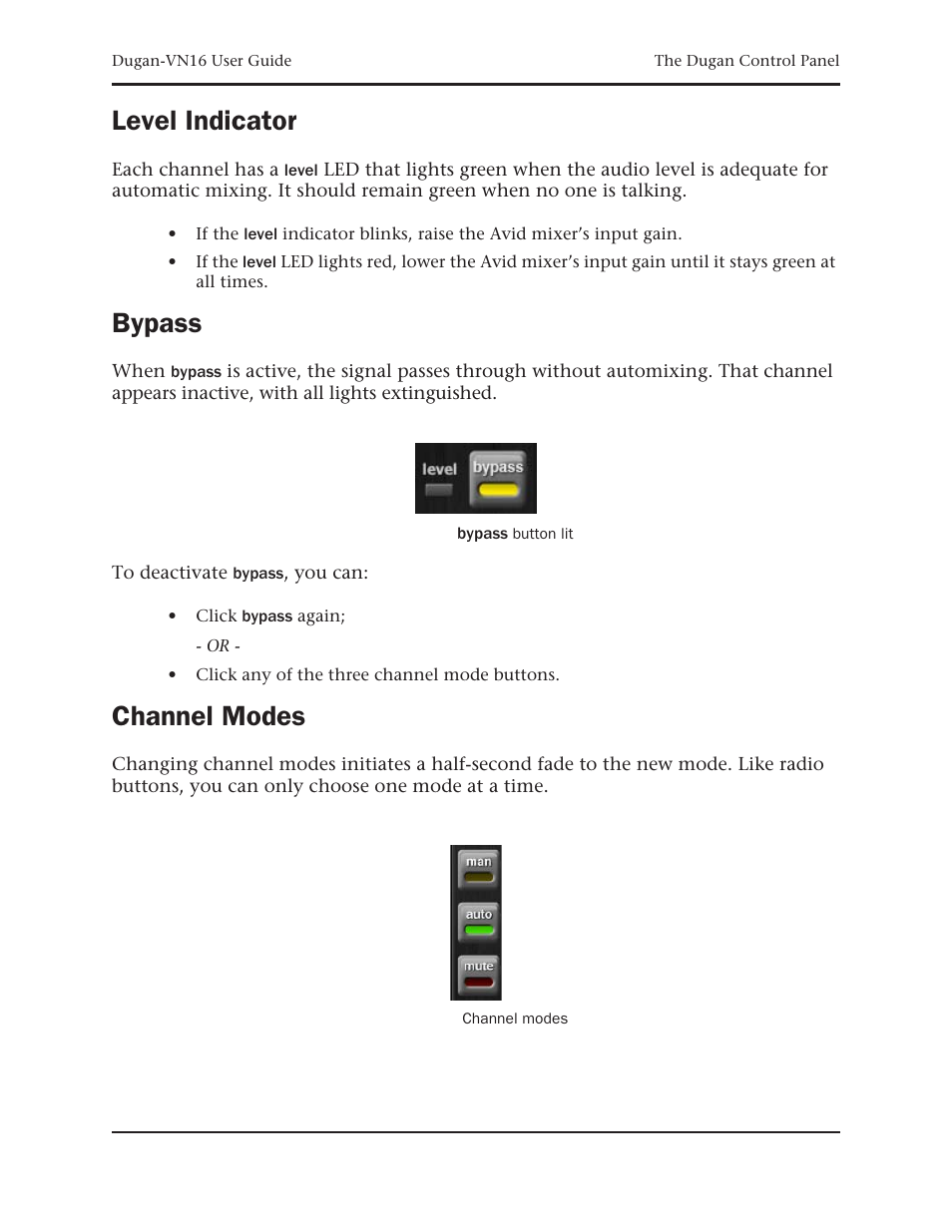 Level indicator, Bypass, Channel modes | Dan Dugan Sound Design Dugan-VN16 User Manual | Page 49 / 64