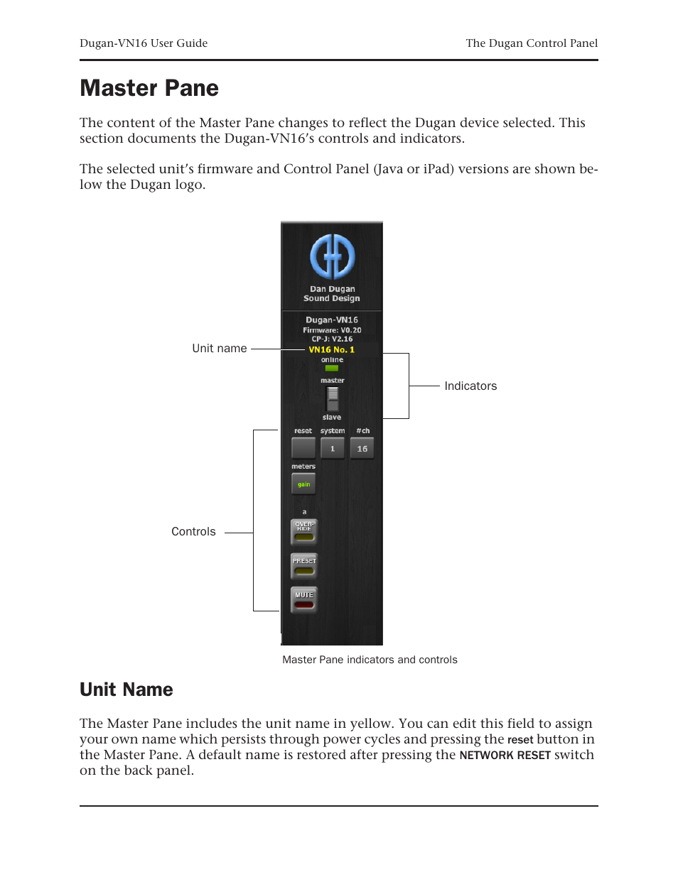 Master pane, Unit name | Dan Dugan Sound Design Dugan-VN16 User Manual | Page 55 / 64