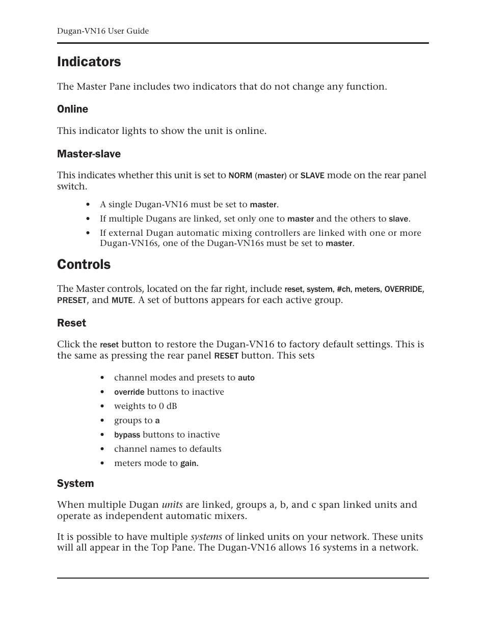Indicators, Online, Master-slave | Controls, Reset, System | Dan Dugan Sound Design Dugan-VN16 User Manual | Page 56 / 64