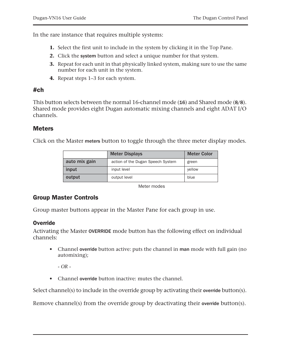 Meters, Group master controls | Dan Dugan Sound Design Dugan-VN16 User Manual | Page 57 / 64
