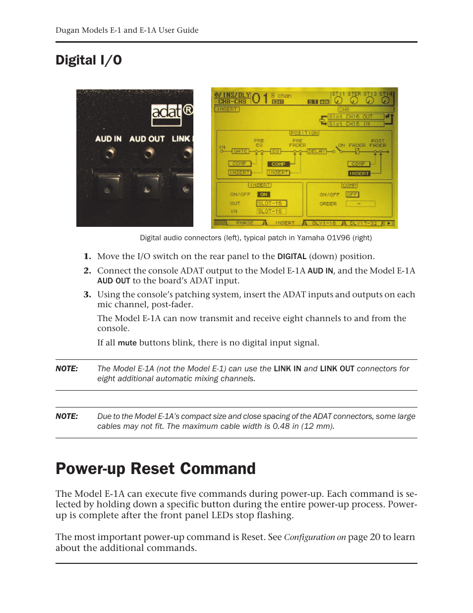 Digital i/o, Power-up reset command | Dan Dugan Sound Design E-1 User Manual | Page 12 / 52