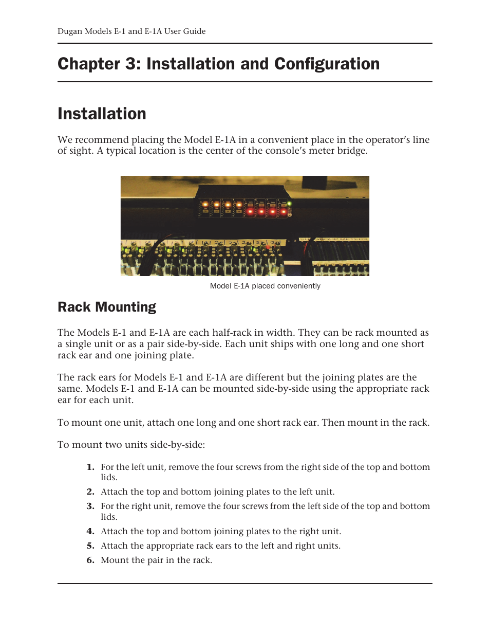 Chapter 3: installation and configuration, Installation, Rack mounting | Chapter 3, Installation and configuration | Dan Dugan Sound Design E-1 User Manual | Page 15 / 52