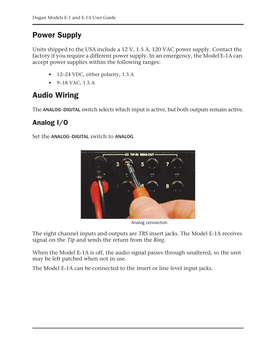 Power supply, Audio wiring, Analog i/o | Dan Dugan Sound Design E-1 User Manual | Page 16 / 52