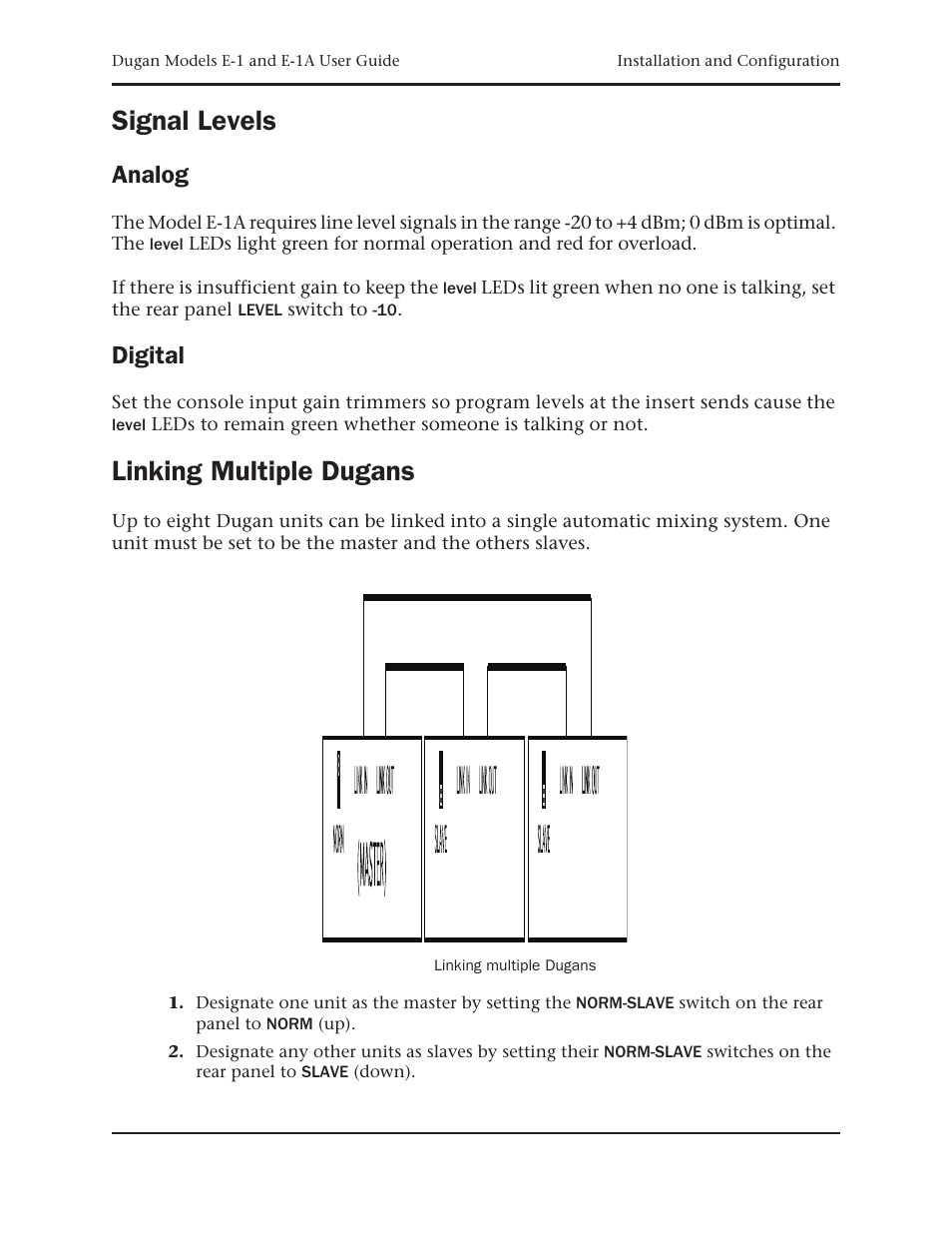 Signal levels, Analog, Digital | Linking multiple dugans | Dan Dugan Sound Design E-1 User Manual | Page 19 / 52