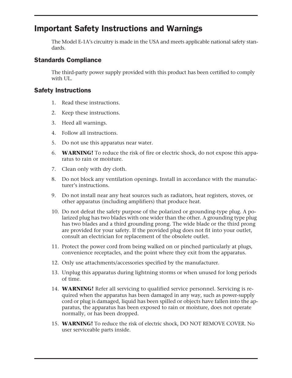 Important safety instructions and warnings | Dan Dugan Sound Design E-1 User Manual | Page 2 / 52