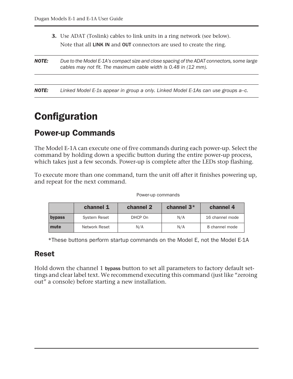 Configuration, Power-up commands, Reset | Dan Dugan Sound Design E-1 User Manual | Page 20 / 52