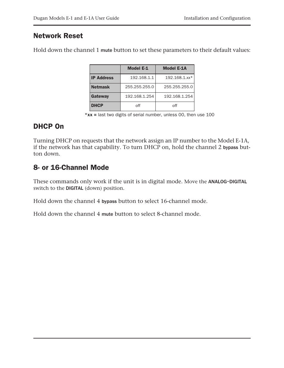 Network reset, Dhcp on, Or 16-channel mode | Dan Dugan Sound Design E-1 User Manual | Page 21 / 52